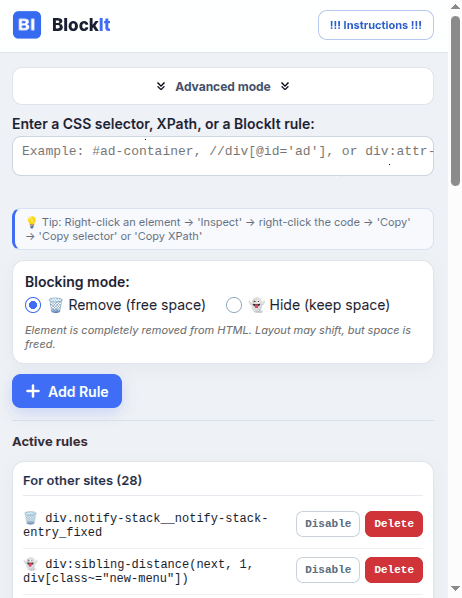 BlockIt advanced mode and active rules