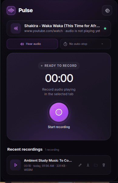 Pulse free tab audio recorder ready to capture Chrome audio
